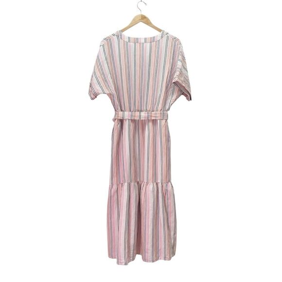 NWT Gap Linen Blend Striped Midi Dress Belted V-Neck Short Sleeve Size 14 Tall - Picture 3 of 11